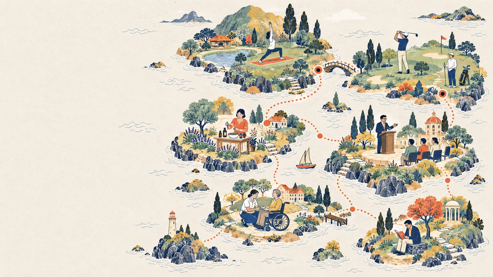 学びの島々を点線の道がつなぐ、手描きの地図のイラスト